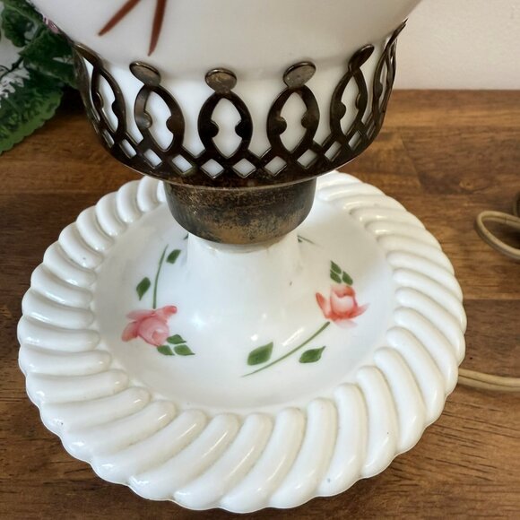 Hand Painted‎ Milk Glass Lamp Pink Rose Design Dim and Bright Switch Vintage - Picture 3 of 5
